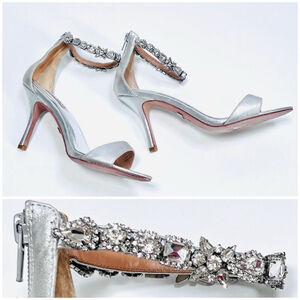 Women's Badgley Mischka Silver Rhinestone Leather Sandals Heels Size 8.5M
